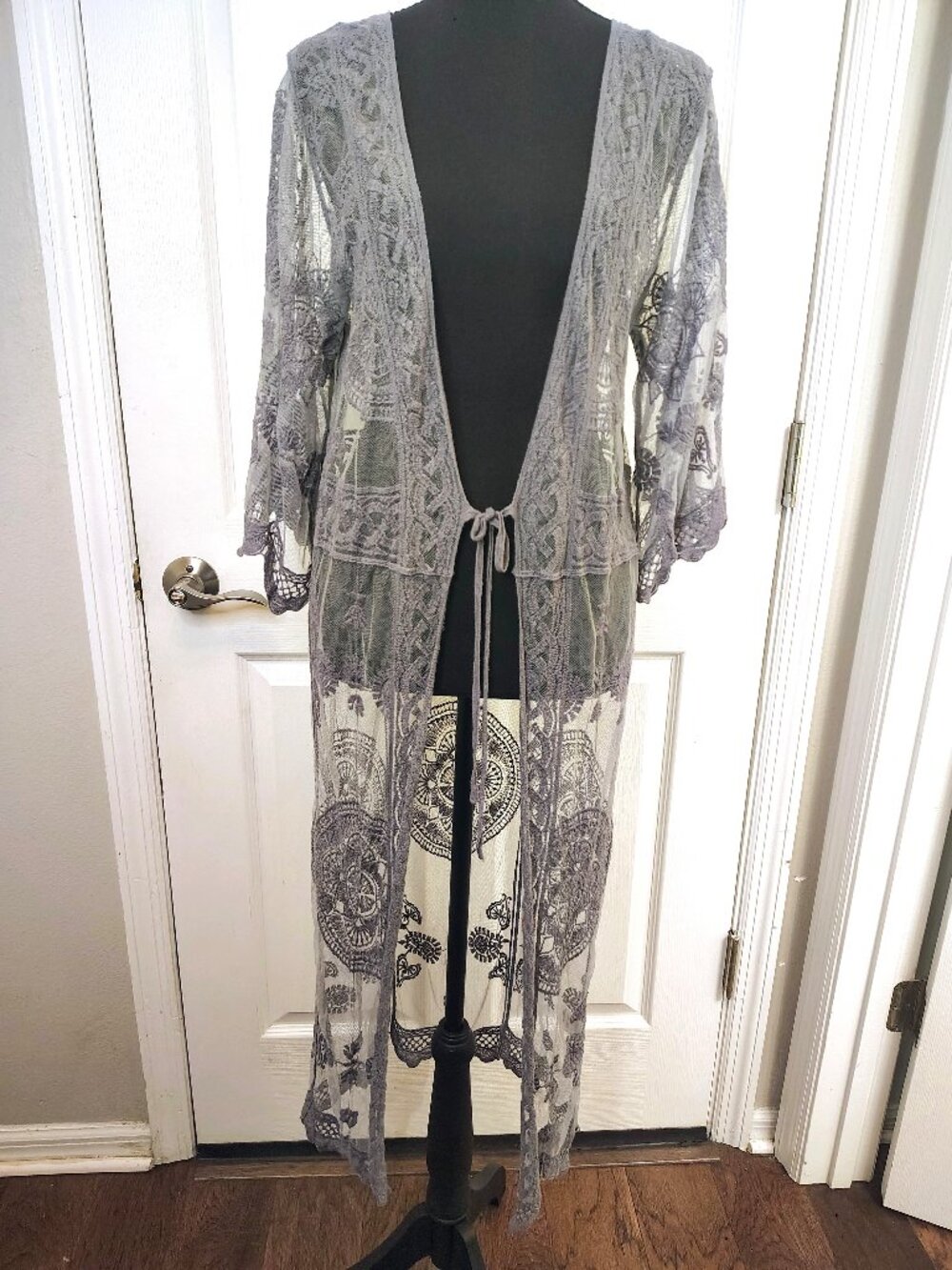 Rebellion Again Lace Kimono Duster Crochet Embroidered Grey Fairy Boho Size S